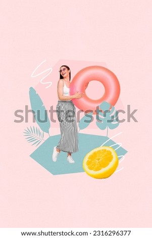 Picture artwork collage pinup pop image of attractive positive lady hold life buoy preparing sea resort isolated drawing background