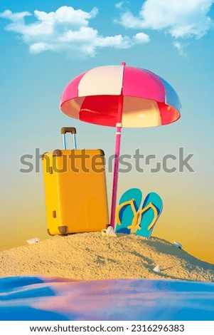 Vertical collage artwork picture of sand beach flip flop shoes suitcase sun umbrella ocean water clouds sky isolated on summer background