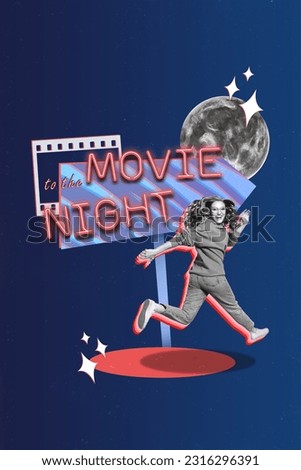 Vertical collage image of excited black white effect girl rush fast to the movie night indicator sign full moon isolated on dark blue background