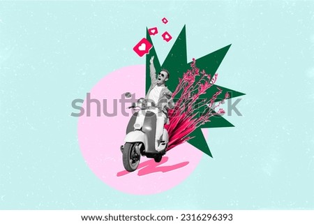 Artwork collage picture of black white colors guy driving scooter fresh flower receive like notification isolated on creative background Royalty-Free Stock Photo #2316296393