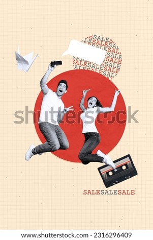 Sketch collage template artwork illustration of funky positive happy two people music lovers have fun music concert make photo jump up