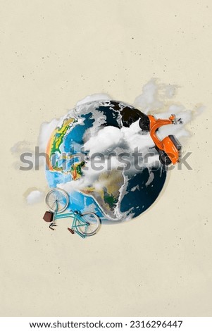 Design creative collage illustration picture of bicycle moped scooter transport travel world sphere planet isolated on beige background