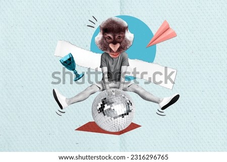 Artwork collage picture of black white colors guy monkey head jump above big disco ball wine glass paper plane isolated on paper background