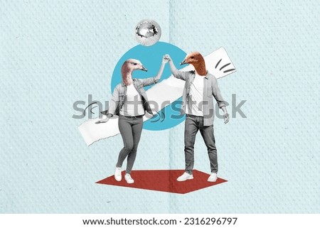 Collage picture of two black white effect partners bird head hold arms disco ball isolated on drawing paper background