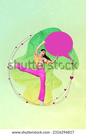 Vertical artwork poster picture collage photo of positive happy lady have fun celebrate hold empty space isolated drawing background
