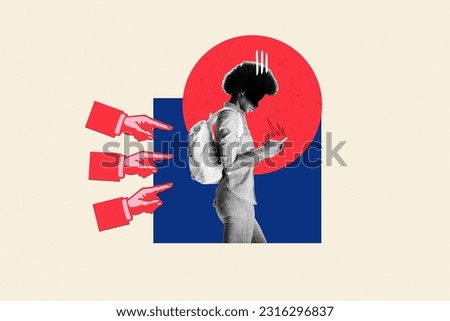 Creative collage picture of people arms point fingers bullying black white colors stressed girl use smart phone isolated on painted background Royalty-Free Stock Photo #2316296837