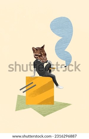 Photo collage artwork picture of lonely tigris head guy enjoying smoking cigarette isolated graphical background