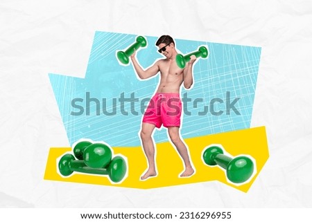 Creative picture poster image collage of happy positive man training fitness gym preparing summer season isolated painted background