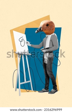 Creative graphics drawing collage talent headless absurd gull bird paintbrush canvas picture impressionist isolated on blue background