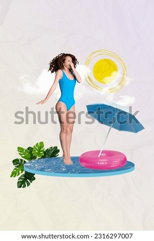 Vertical creative collage 3d pop advert image picture of happy sportive girl close nose diving under water have fun enjoy resort