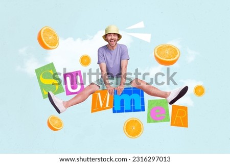 Picture 3d sketch artwork collage pinup pop image of cheerful man jumping sitting letters word inscription isolated drawing background