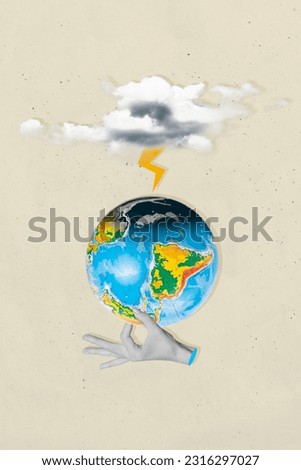 Illustration collage picture metaphor thunderbolt stormy weather clouds bad forecast catastrophe on planet isolated on grey background
