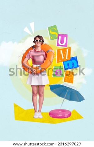 Creative picture artwork collage image poster of positive charming lady enjoy summer vacation hold buoy isolated painting background