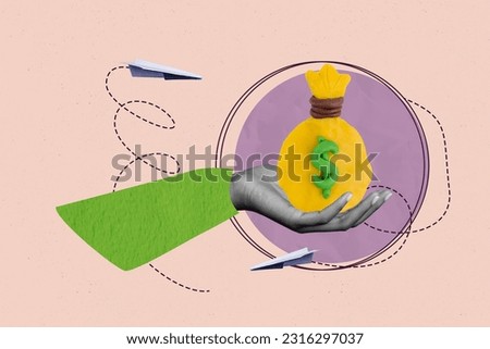 Minimal photo illustration collage artwork financial independence plasticine money bag high income savings isolated on beige background