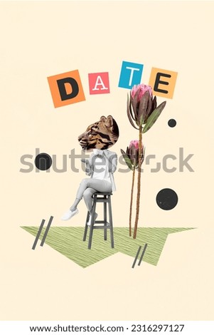 3d creative artwork collage of funny cat head lady enjoying romantic date isolated beige color background