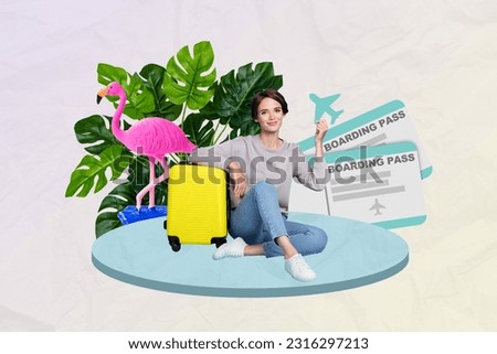 Collage image 3d pop pinup banner picture billboard of charming girl advertising travel agency low price tickets hold paper plane