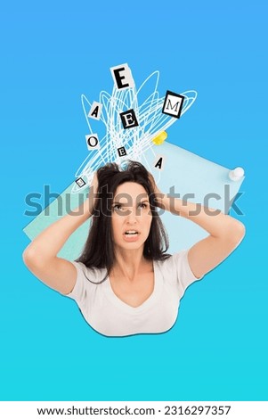 Vertical collage picture of unsatisfied angry girl arms pull hair head letters disorder isolated on blue background