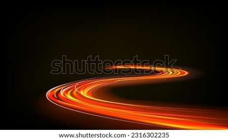 Road light. Curve streak trail line. Fast speed car. Long yellow and red way effect. Glowing street exposure. Blurred motion. Sparkling flow. Vector abstract dynamic dark background Royalty-Free Stock Photo #2316302235