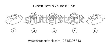 Step-by-step instructions for using wet wipes. Instructions for opening wet wipes with a plastic valve. Hygienic tissue napkin for make-up removal. Baby wipes. Line vector icon set. Royalty-Free Stock Photo #2316305843