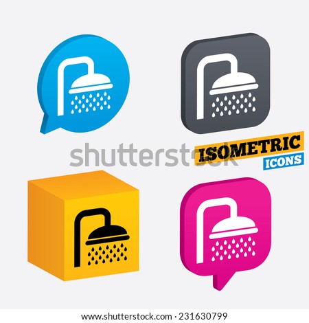 Shower sign icon. Douche with water drops symbol. Isometric speech bubbles and cube. Rotated icons with edges. Vector