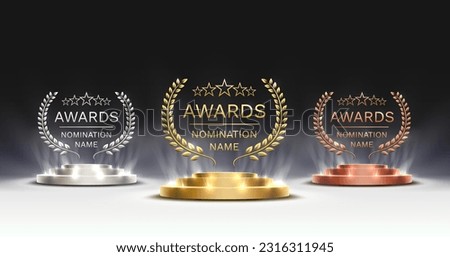 Awards nomination name podium, awards golden prize event, first place, second place, third place, scene star ceremony. Vector illustration Royalty-Free Stock Photo #2316311945