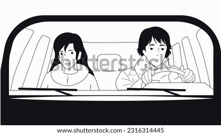 A girl and a guy are driving in a car. Black and white. Vector