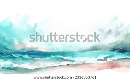 Abstract watercolor landscape with seascape and cool waves. Hand drawn illustration for your design and background with teal green and deep colors.