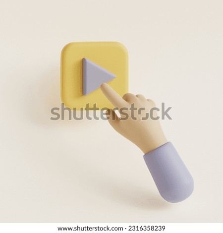 Cartoon hand gesture push play button. 3d render illustration