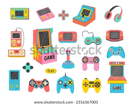 Game consoles. Vintage retro gadgets for kids pleasure relax time gaming stuff recent vector stylized pictures set of gadget for gaming entertainment, control gamepad illustration Royalty-Free Stock Photo #2316367003