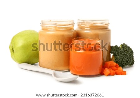 Jars of healthy baby food, fresh apple and vegetables isolated on white background Royalty-Free Stock Photo #2316372061