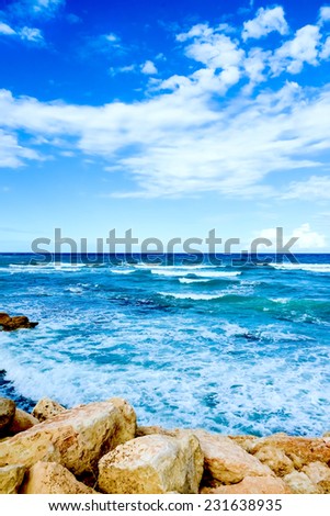 waves on the sea landscape on a background of blue sky with clouds