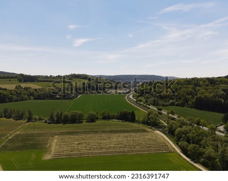An aerial shot of cultivated farmland surrounded by green trees in summer