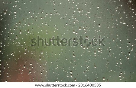 Drops of rain on the glass, in the background a blurred garden outside the window.