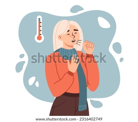 Sick woman with cold and flu concept. Young girl coughs next to thermometer. Character suffering from illness. Fever and viral diseases, coronavirus. Cartoon flat vector illustration Royalty-Free Stock Photo #2316402749