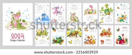 Cute Dragon calendar for 2024, the symbol of the year. Monthly calendar with vector illustrations of funny dragon character, flat cartoon style. Vertical pages A4 format