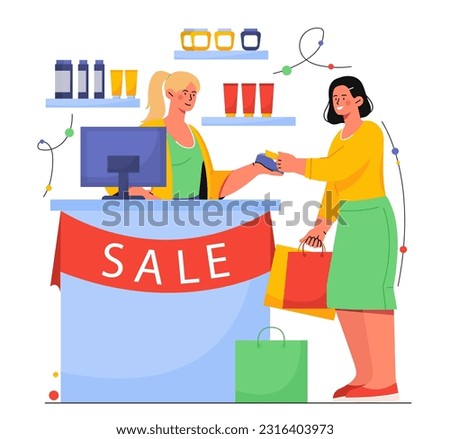 Customer shop assistant concept. Buyer near cash register buys goods. Marketing and commerce. Cashless payment, transactions and transfers. Cashier with client. Cartoon flat vector illustration