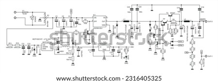 Schematic diagram of electronic device. 
Vector drawing electrical scheme with integrated circuit, 
resistor, capacitor, diode, led, transistor 
and other components. Royalty-Free Stock Photo #2316405325