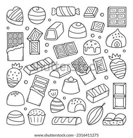 Chocolate doodle set.  Different kinds of chocolate. Cocoa bean, chocolate candies, chocolate bar in sketch style. Hand drawn vector illustration isolated on white background