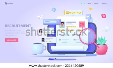 Recruitment, search employees online, hiring process, human resource management. 3d design concept with characters for landing page. Three dimensional vector illustration for website, banner. Royalty-Free Stock Photo #2316420689