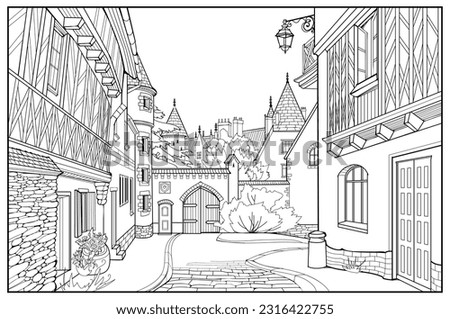 Illustration of street in a medieval French town. Fairyland kingdom. Black and white page for kids coloring book. Worksheet for drawing and meditation for children and adults. Ancient architecture. Royalty-Free Stock Photo #2316422755