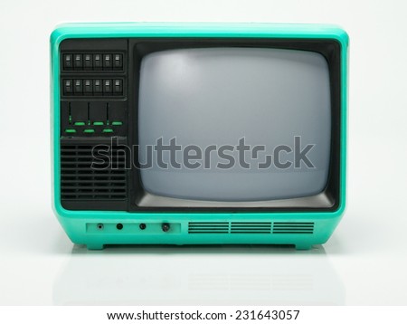 Vintage Blue TV isolated on White Background. Front View with Real Shadow. Copy Space for Text or Image