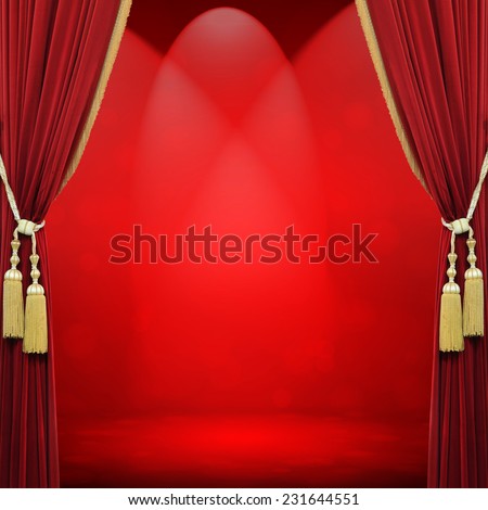 Open red curtains tied with golden red stage lights and the success which one. Royalty-Free Stock Photo #231644551