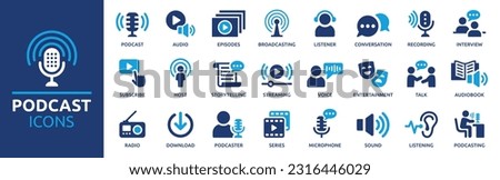 Podcast icon collection. Containing audio, microphone, record, podcasting, broadcasting and entertainment icons. Solid icon set. Vector illustration. Royalty-Free Stock Photo #2316446029