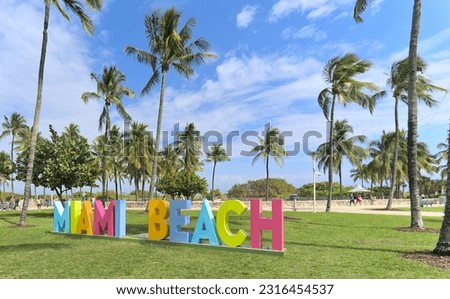February 13, 2023 - Miami Beach, Florida - USA: famous colorful Miami Beach sign on park 