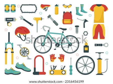 Cycling and Bicycle Tool Set Vector Illustration of a Mechanic Repairing Bicycles in a Workshop with Spare Parts in Flat Cartoon Hand Drawn Template