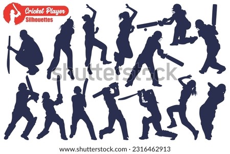 Female Cricket Player Betting and Bowling Silhouettes Vector