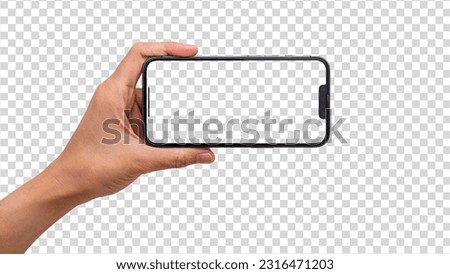 Hand holding smart phone 13 pro max Mockup Clipping Path and screen Transparent isolated  Royalty-Free Stock Photo #2316471203