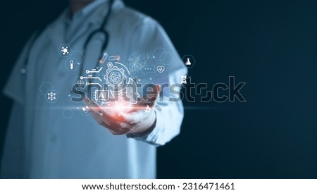 Medical technology, doctor use AI robots for diagnosis, care, and increasing accuracy patient treatment in future. Medical research and development innovation technology to improve patient health. Royalty-Free Stock Photo #2316471461