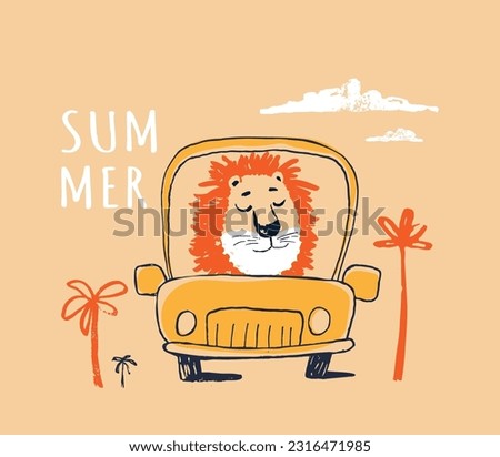 Lion on car funny cool summer t-shirt print design. Road trip on automobile. Slogan. Drive vacation safari animal illustration. Beach travel kids typography nursery poster Adorable holiday pattern