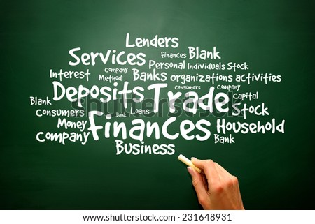 Trade, Finances Word collage on blackboard, presentation background